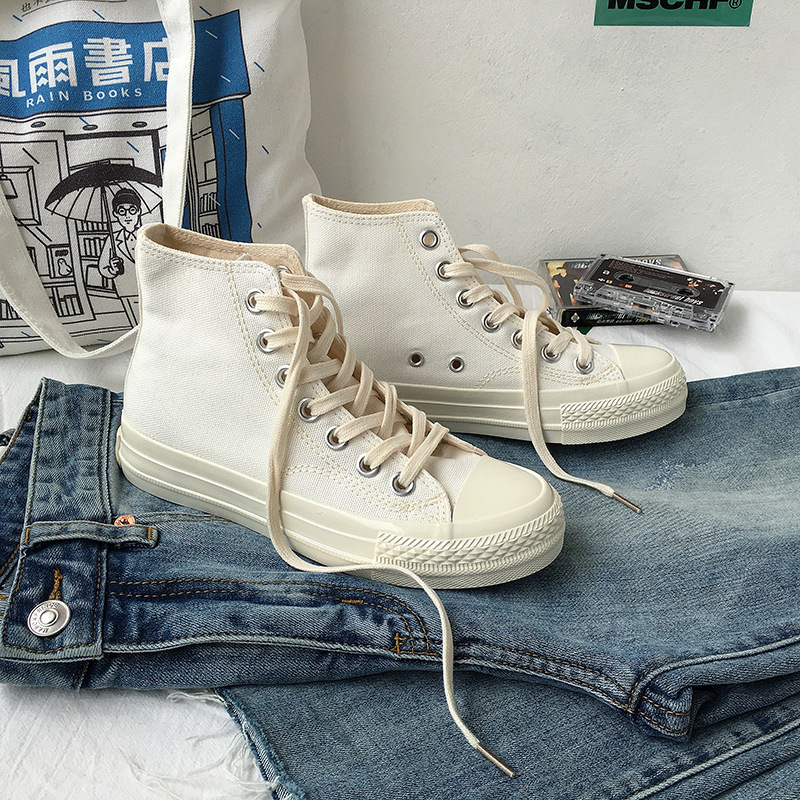 Wholesale 2024 1970S Style Women's Pure White Versatile High-Top Canvas Shoes, Trendy Rui'An Vulcanized Platform Sneakers Wholesale 2024 1970S Style Women's Pure White Versatile High-Top Canvas Shoes, Trendy Rui'An Vulcanized Platform Sneakers