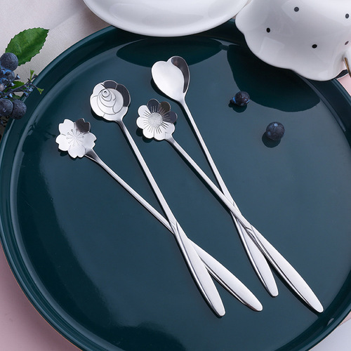 L Creative Stainless Steel Gold Flower Spoons for Instagram Coffee Spoons Cherry Blossom Spoons Long Handle Spoons Glass Cup Gift