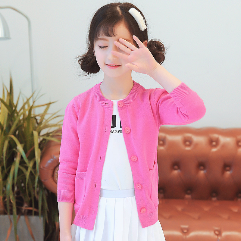 공장 새 여자의 탑 니트 스웨터 한국 스타일 아동 스웨터 재킷 면사 여자의 스레드 가디건 단색