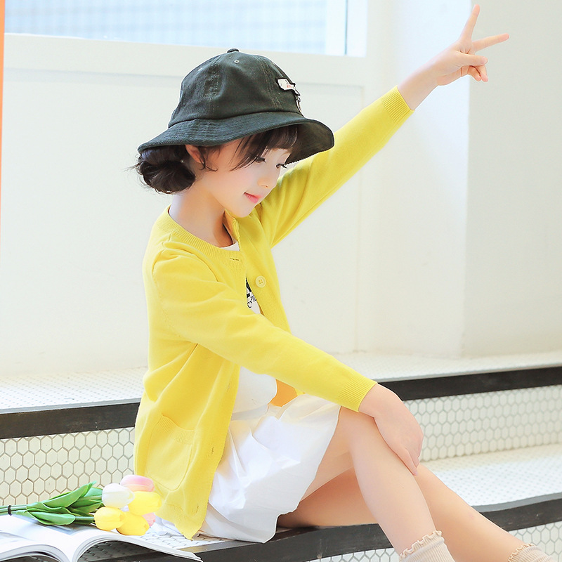 공장 새 여자의 탑 니트 스웨터 한국 스타일 아동 스웨터 재킷 면사 여자의 스레드 가디건 단색