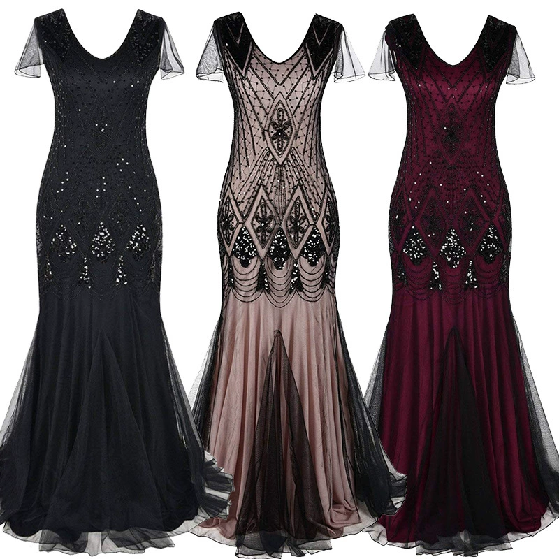 Evening Dress Sequin Retro Plus-Size Gown, Mermaid Tulle Hem, Sizes S–XXXL