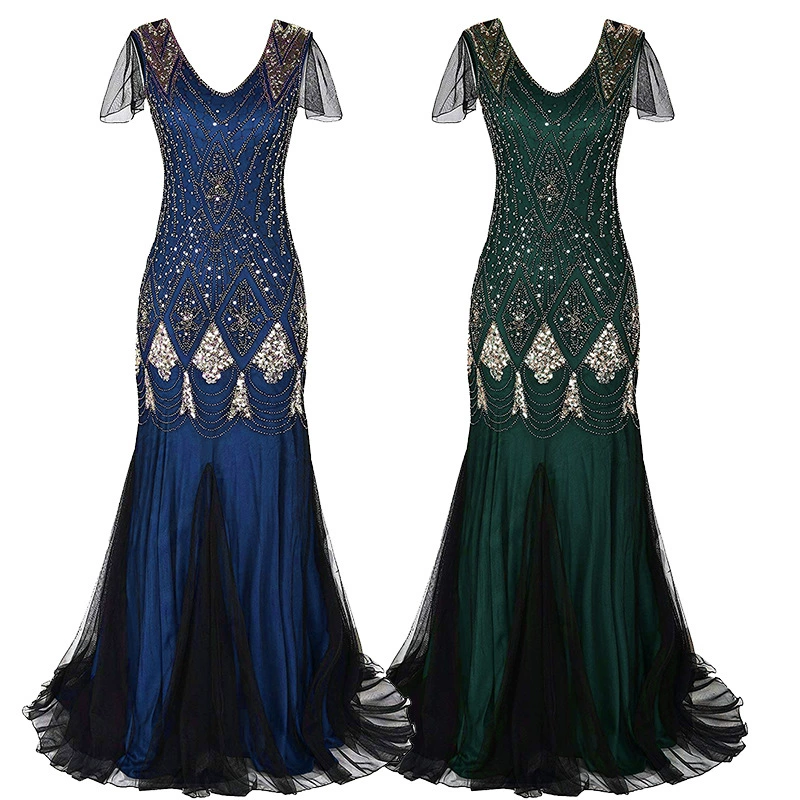 Evening Dress Sequin Retro Plus-Size Gown, Mermaid Tulle Hem, Sizes S–XXXL