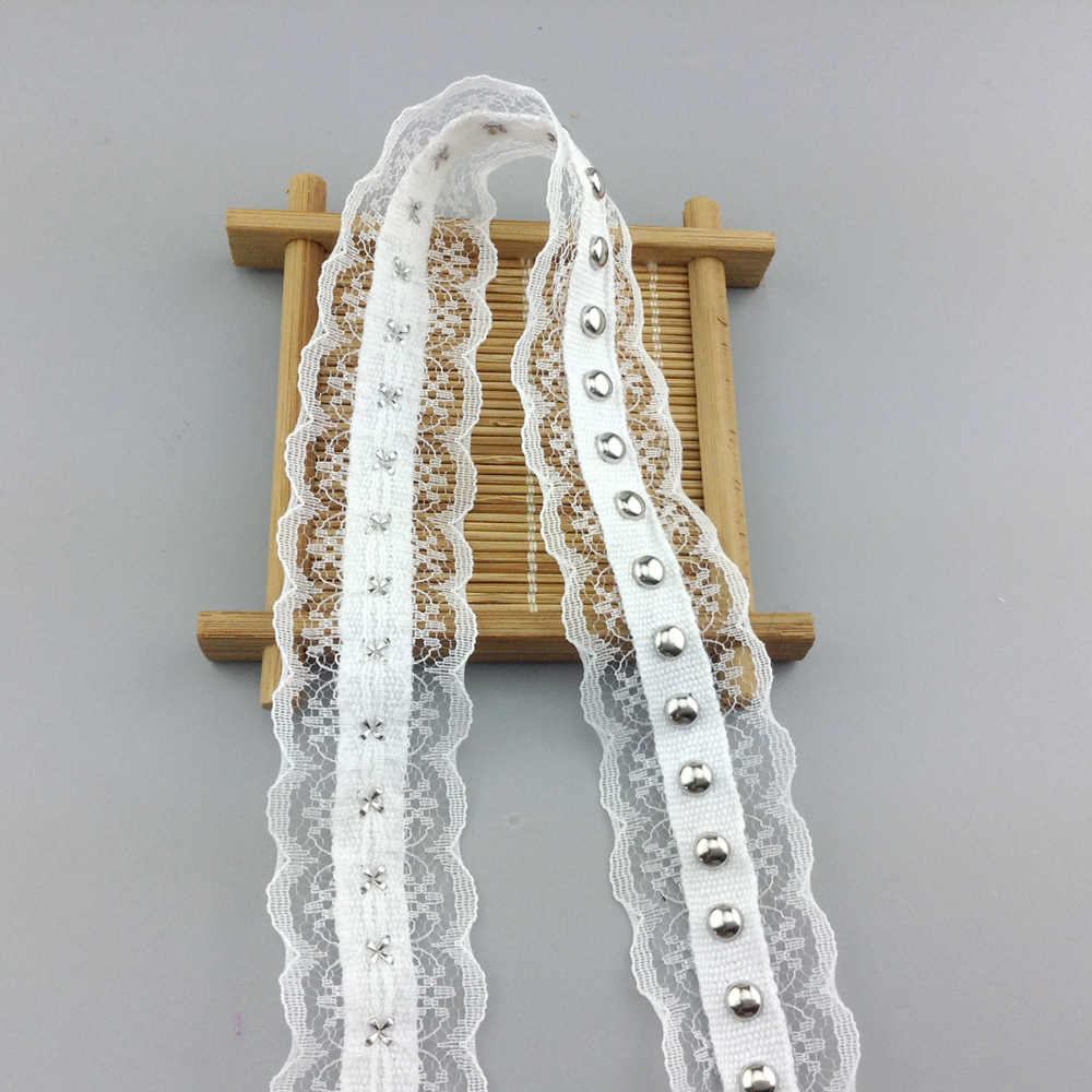 白色无弹蕾丝花边棉带双层拼接打钉圆钉铆钉织带服装包包帽子配饰