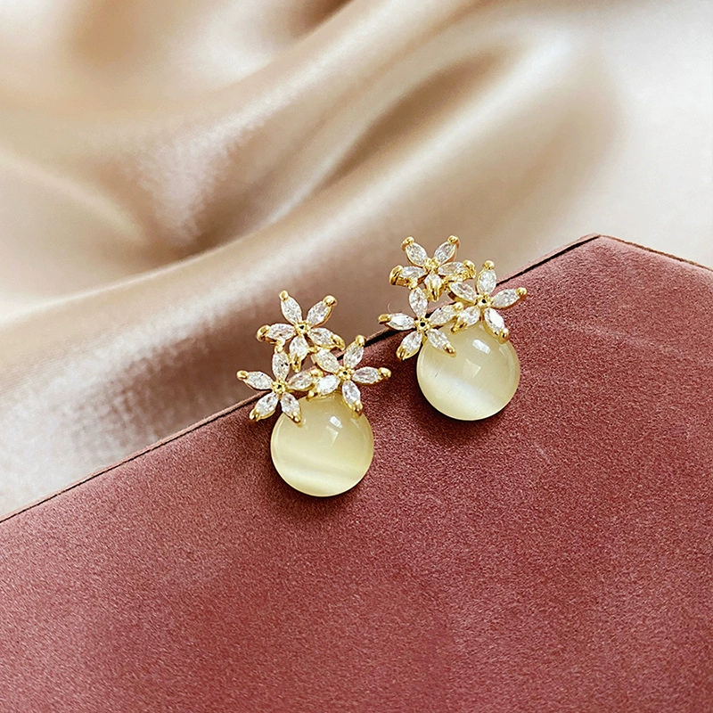 Серьги (Баою) серебряная игла с кошачьим глазом, цветочные дизайны, несколько стилей, высокое качество