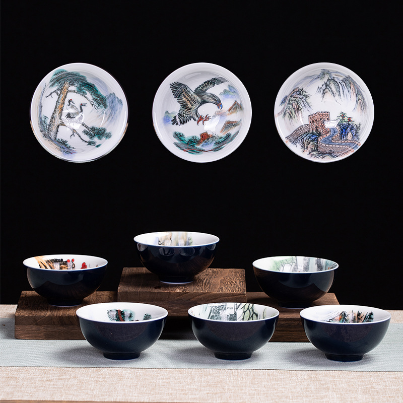 컵 미디엄 뷰 크리에이티브 순수 손으로 그린 세라믹 찻잔 쿵푸 차 세트 차 시음컵 대용량 단일 찻그릇 마스터 찻잔