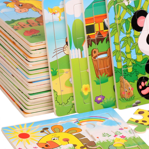 New Fun 9-Piece Jigsaw Puzzle for Foreign Trade, Children's Early Education, Brain Teaser, Animal and Traffic Theme, Hand-Eye Coordination Wooden Puzzle Toy