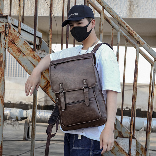 Business Casual Backpack New Simple Men's PU Dual-Shoulder Bag Outdoor Business Trip Travel Bag Large Capacity Computer Bag