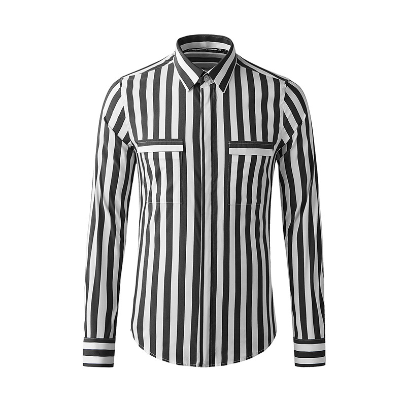 Áo sơ mi nam dài tay sọc đen trắng in hoa nhẹ, form ôm thoải mái chất cotton — Màu đen