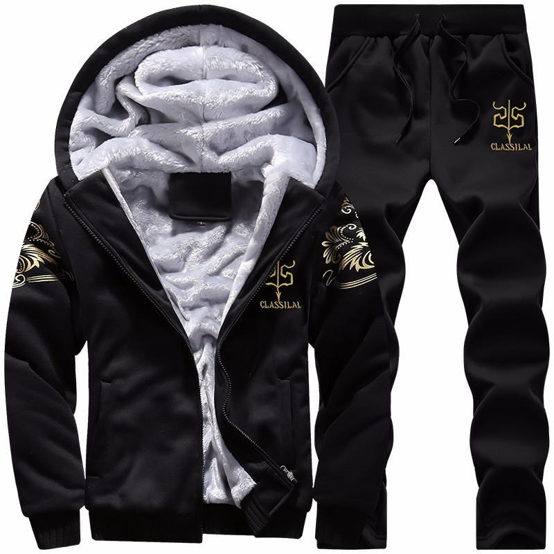Traje casual transfronterizo para hombre, conjunto de dos piezas grueso con forro polar para invierno, chaqueta cálida con capucha de talla grande para hombre y pantalones largos de exportación.