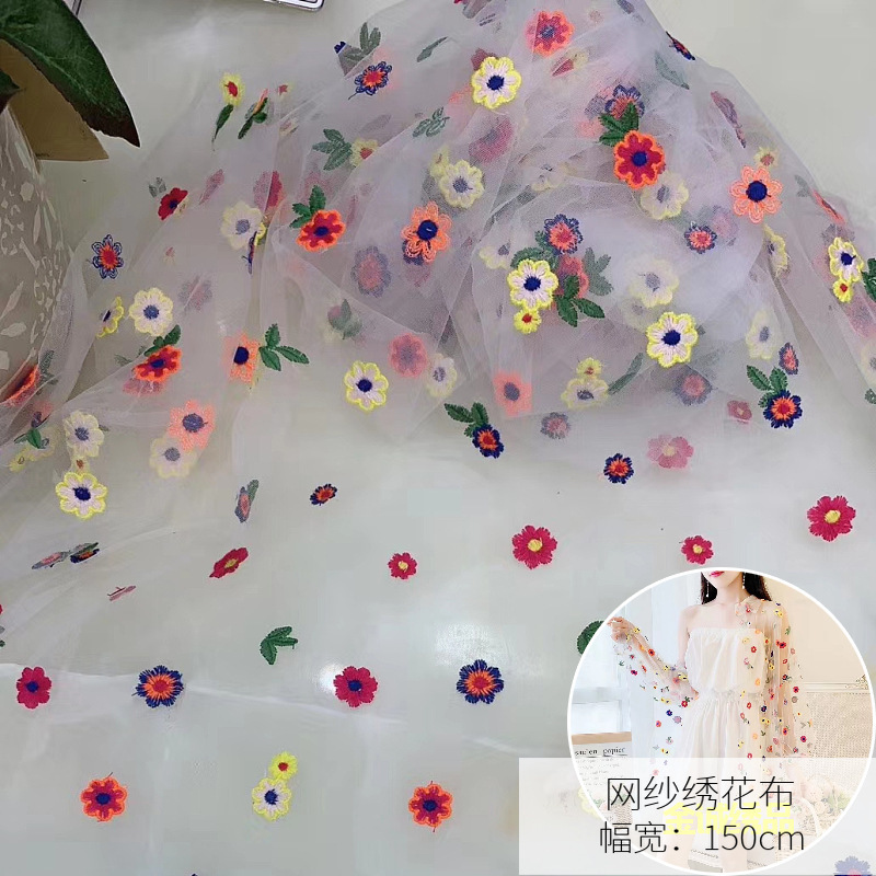 2020 Spring and Summer New Mesh Embroidered Cloth Multi-Color Chrysanthemum Flower Girls' Clothing Lolita Dress Lace Fabric