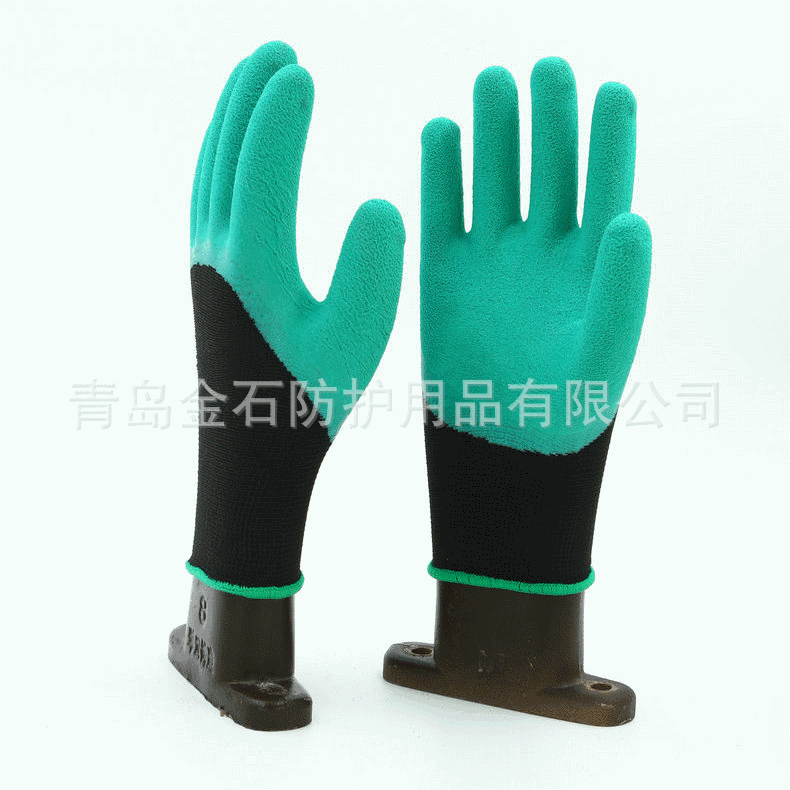 磨砂发泡透气劳保工作手套 工地工业皱纹3/4浸发泡手套