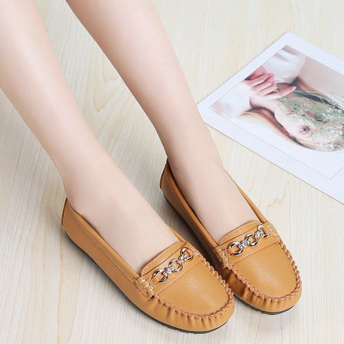 Women's Leather Beanpole Shoes for Middle-Aged and Elderly Mothers, Flat Leather Shoes, New Soft Sole Casual Single Shoes