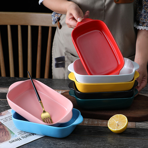 Creative ceramic double-ear plate for color glaze cheese baked rice, household ceramic plate, baking plate, Western-style plate, oven plate, dish plate
