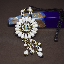 欧美波西米亚风跨境半宝石毛衣链复古泰国蜡绳手工编织铜珠项链女