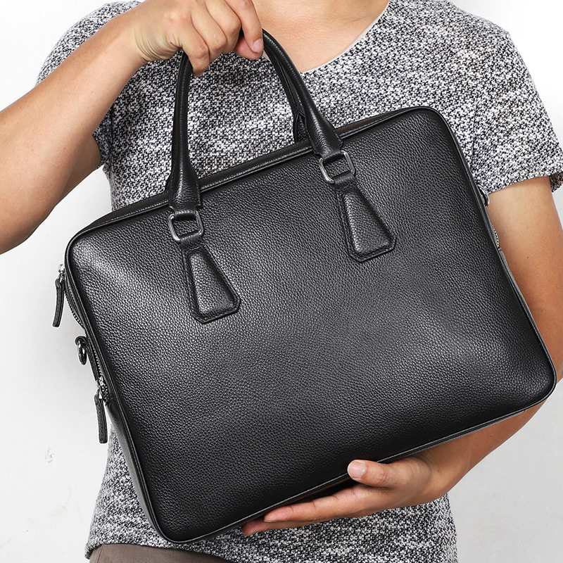 Túi xách tay nam công sở da bò lớp đầu kiểu ngang dung tích lớn 38×29,5×9 cm — Màu đen