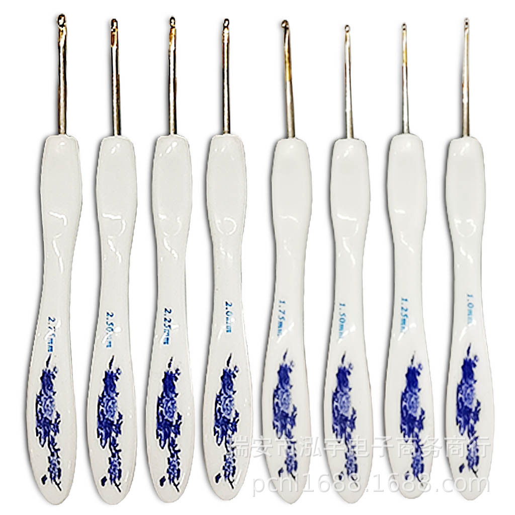 Herramientas de tejer suéter aguja nuevo pequeño mango curvado azul y blanco porcelana gruesa crochet conjunto 8 blister embalaje