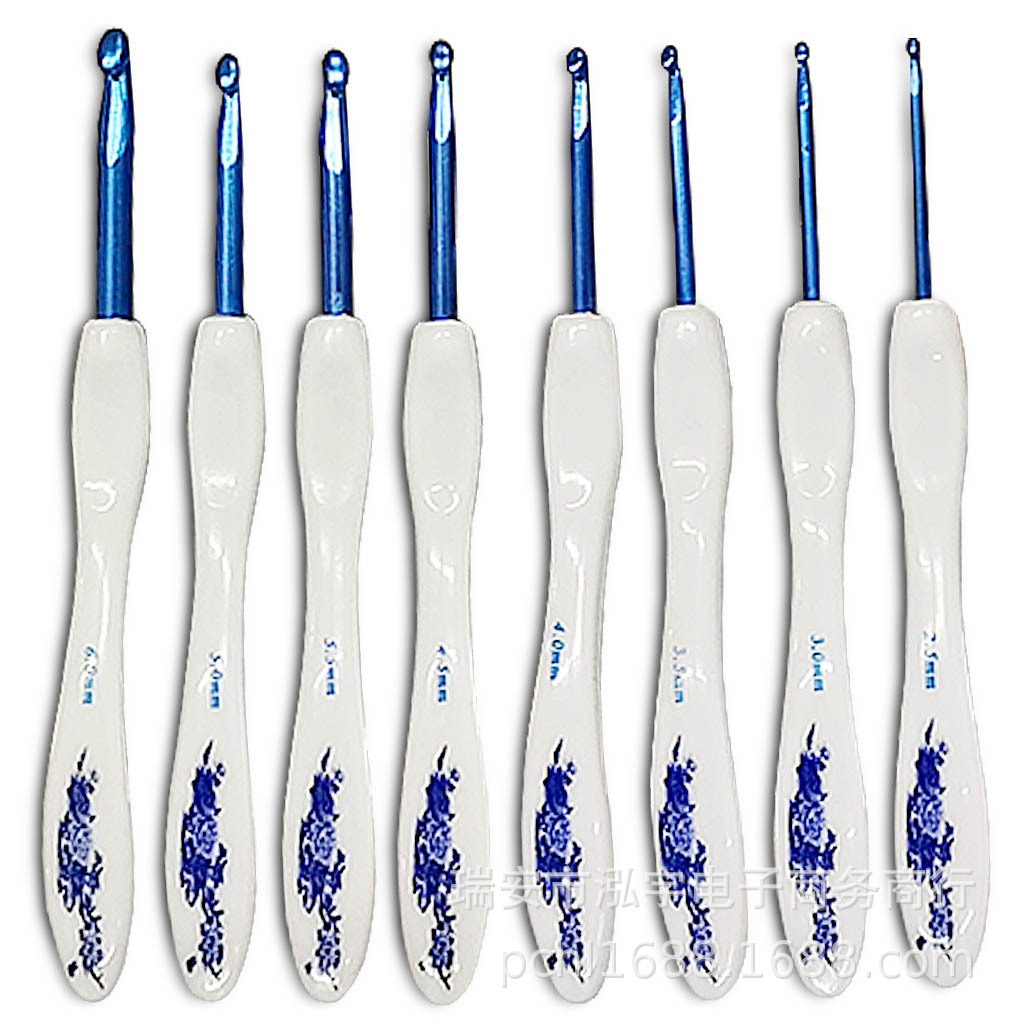 Herramientas de tejer suéter aguja nuevo pequeño mango curvado azul y blanco porcelana gruesa crochet conjunto 8 blister embalaje