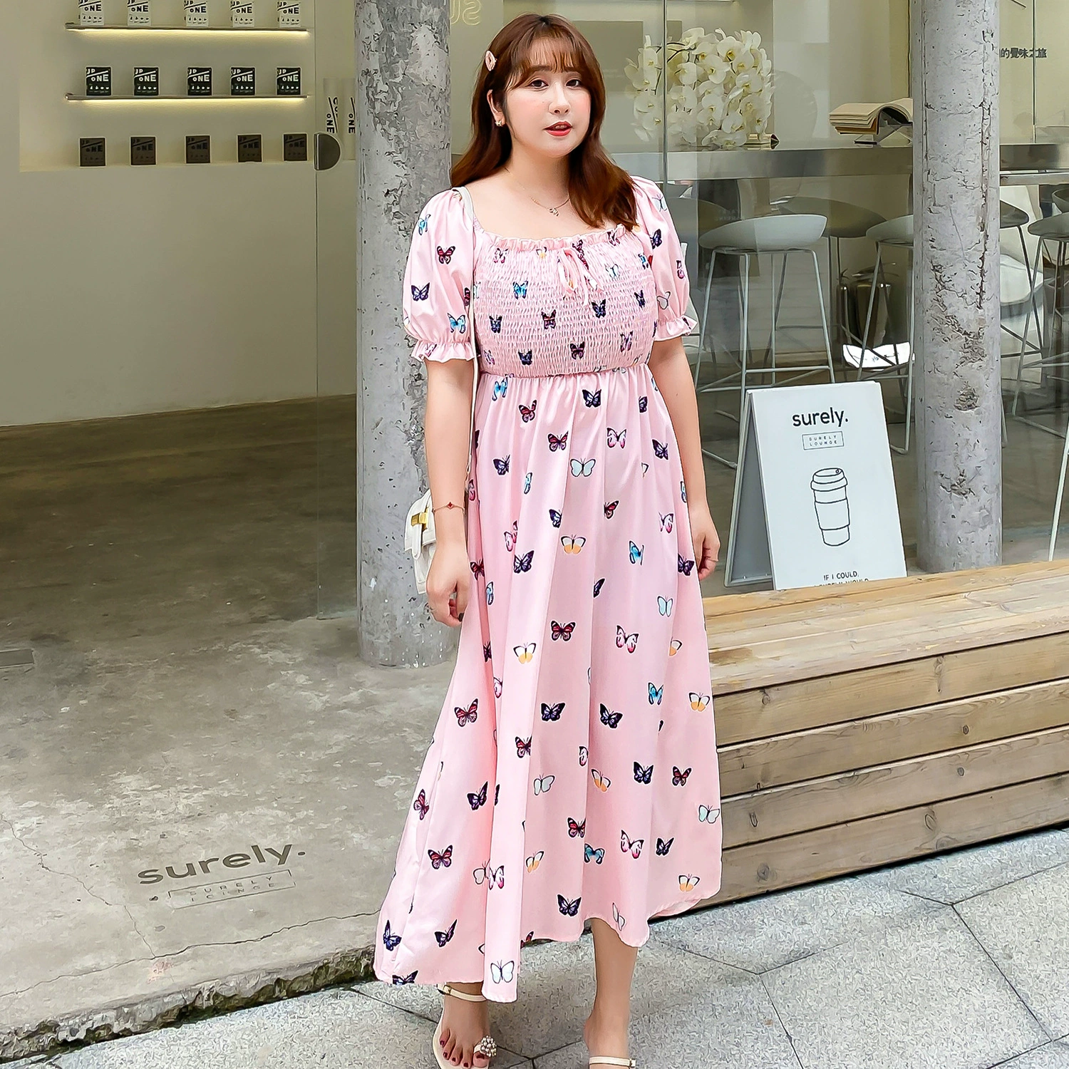 Лето Новый плюс размер женской одежды пухленькая девушка элегантный высокой талией для похудения слоеным рукавом Лук платье 020404