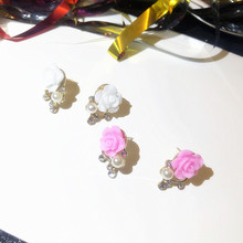 韩版饰品 玫瑰花朵珍珠不对称耳钉 时尚夸张耳饰可爱珍珠花朵耳环