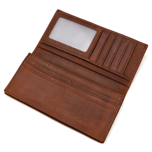 Crazy Horse Leather Long Wallet Men's Wallet Genuine Leather Long Wallet First Layer Cowhide Multi-Card Slots 2-fold Wallet