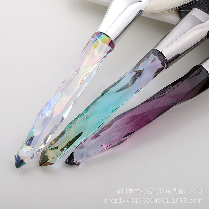 Fenglida cepillo en forma de abanico grande de un solo soporte, cepillo de alto brillo de maquillaje facial portátil, cepillo de polvo suelto, mango de cepillo de alto brillo de cristal dedicado