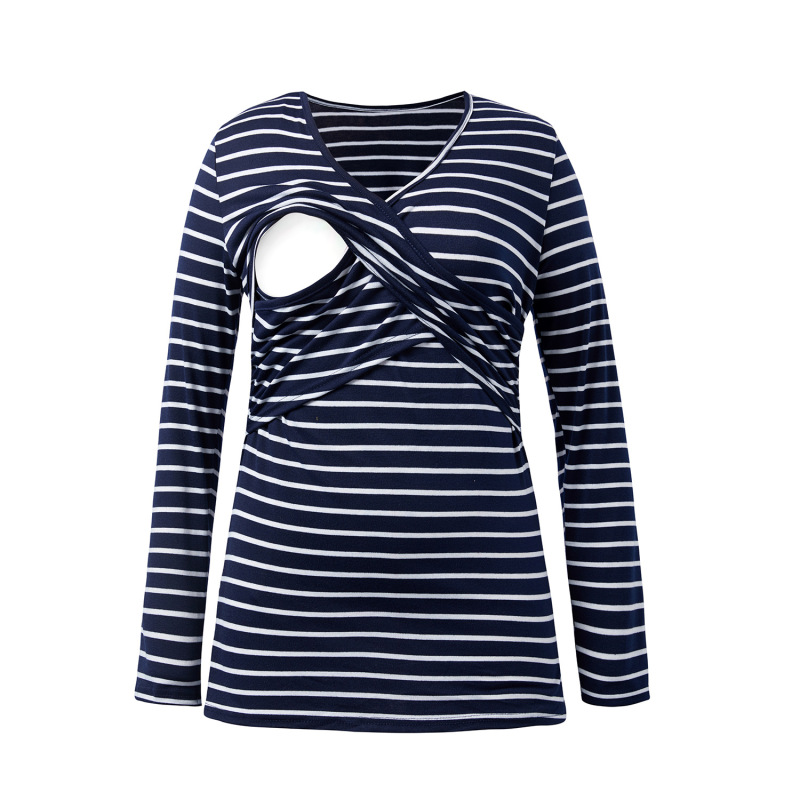 現物源速売通秋の新型vネック長袖縞妊婦月子装哺乳服tシャツ2色|undefined