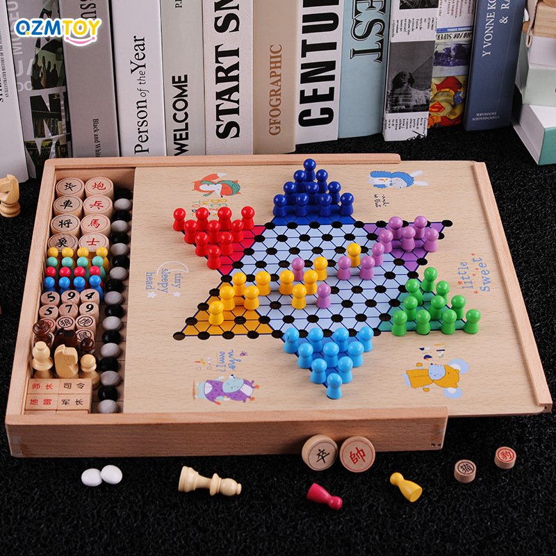 De madera de haya 27-en-uno de múltiples funciones juego de ajedrez de los niños de madera educativos de escritorio juguetes interactivos al por mayor