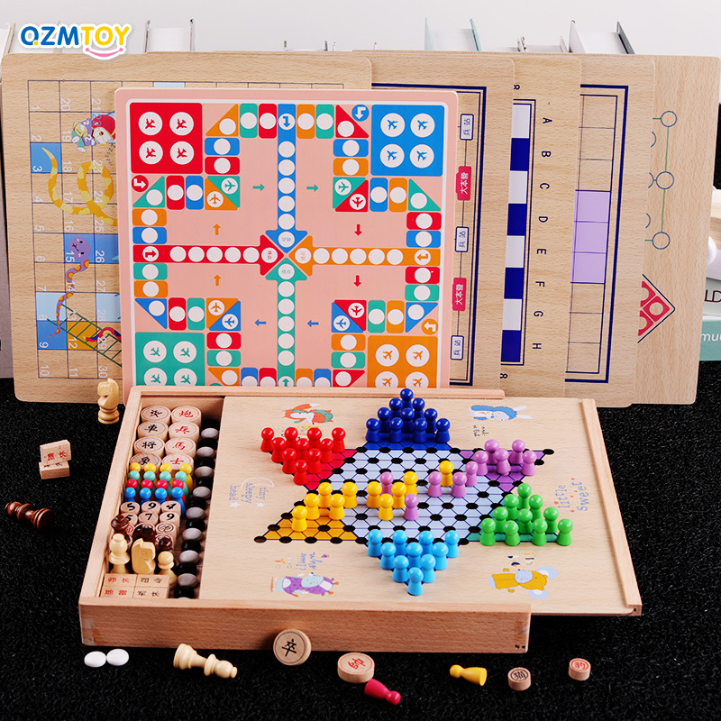 De madera de haya 27-en-uno de múltiples funciones juego de ajedrez de los niños de madera educativos de escritorio juguetes interactivos al por mayor