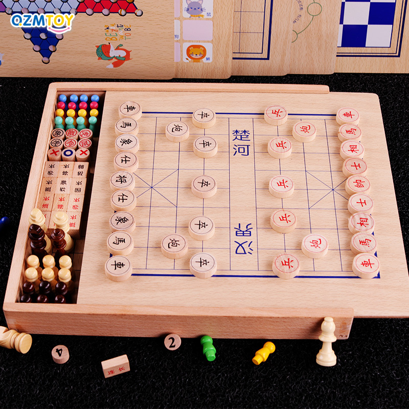 De madera de haya 27-en-uno de múltiples funciones juego de ajedrez de los niños de madera educativos de escritorio juguetes interactivos al por mayor