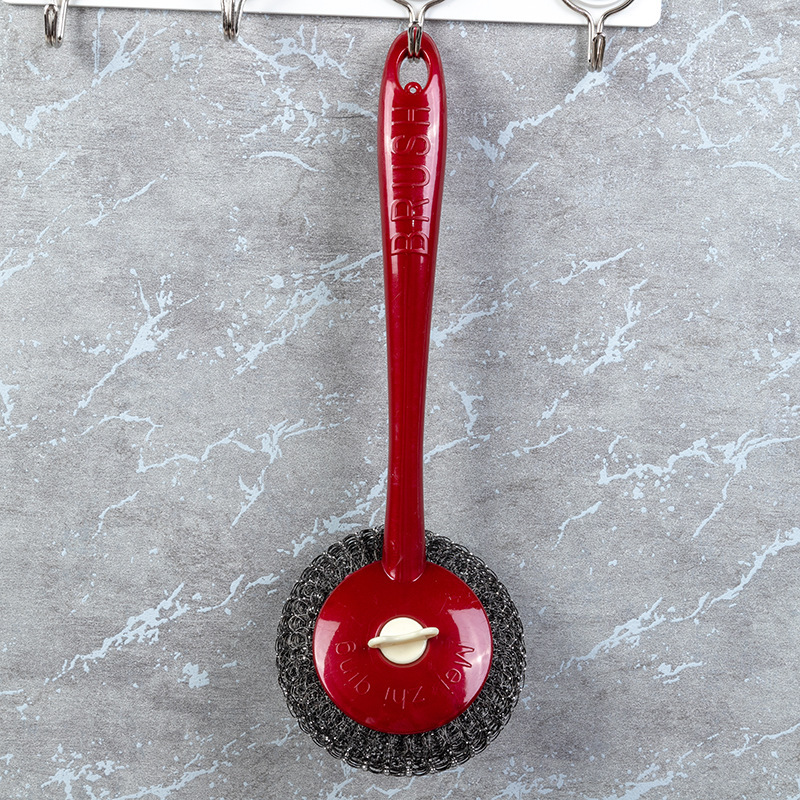 Long-Handled Stainless Steel Pot Brush with Steel Wire Ball Cleaning Ball for Household Kitchen Daily Use, Wholesale Magic Cleaning Tool