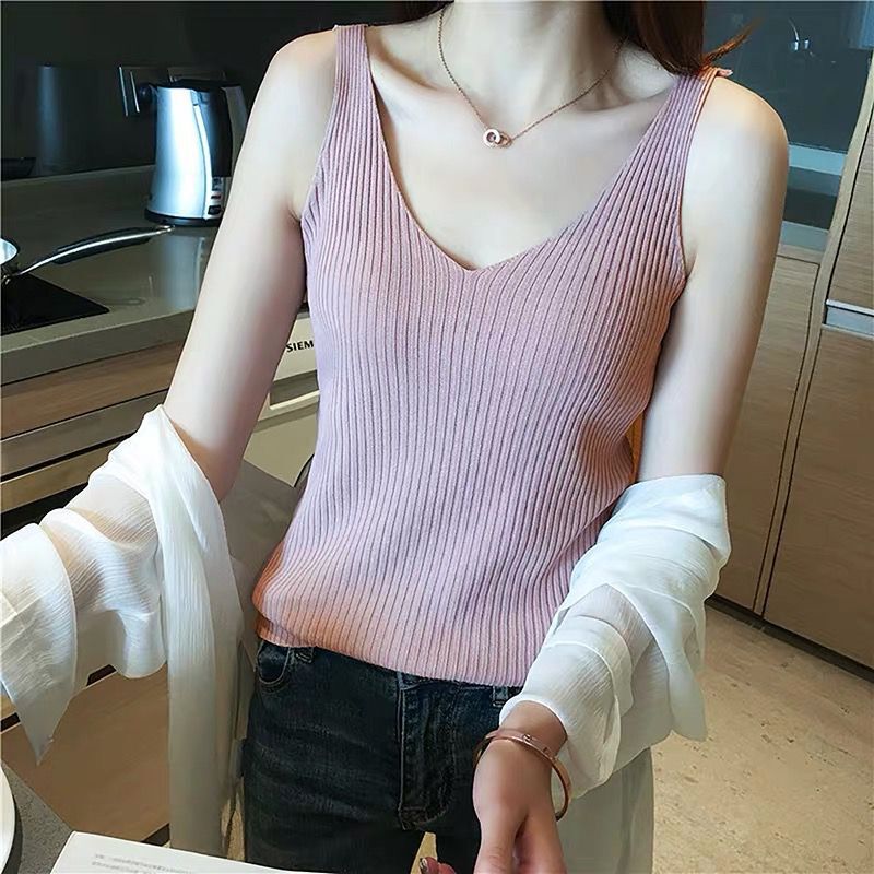 Ice Silk Knitted Camisole Solid Color Thin Outer Wear Base Ice Silk Inner Sleeveless Top