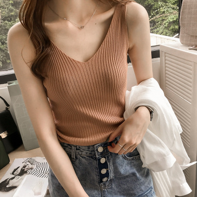 Ice silk knitted halter vest, solid color and thin exterior wear, base ice silk inside sleeveless top