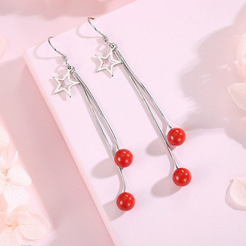 S925 sterling silver earrings actress-shaped symmetrical earrings red bean earrings temperament Japanese and Korean simple crystal earrings
