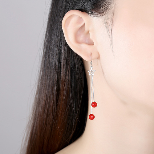 S925 sterling silver earrings actress-shaped symmetrical earrings red bean earrings temperament Japanese and Korean simple crystal earrings