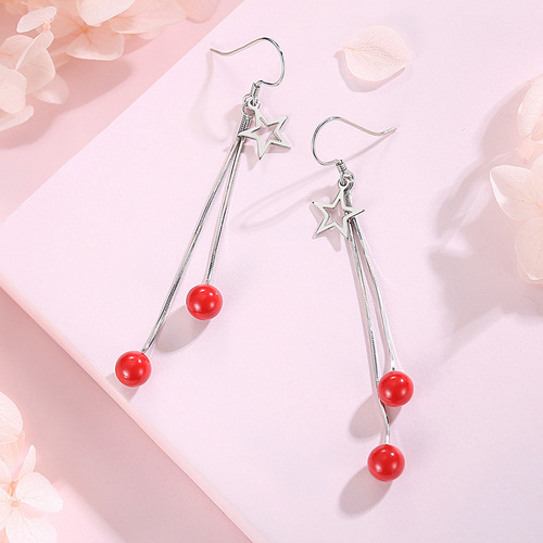 S925 sterling silver earrings actress-shaped symmetrical earrings red bean earrings temperament Japanese and Korean simple crystal earrings