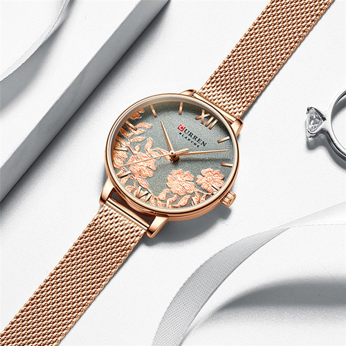 CURREN/Carren 9065 Waterproof Women's Watch with Small Dial, Mesh Pattern Round Women's Watch