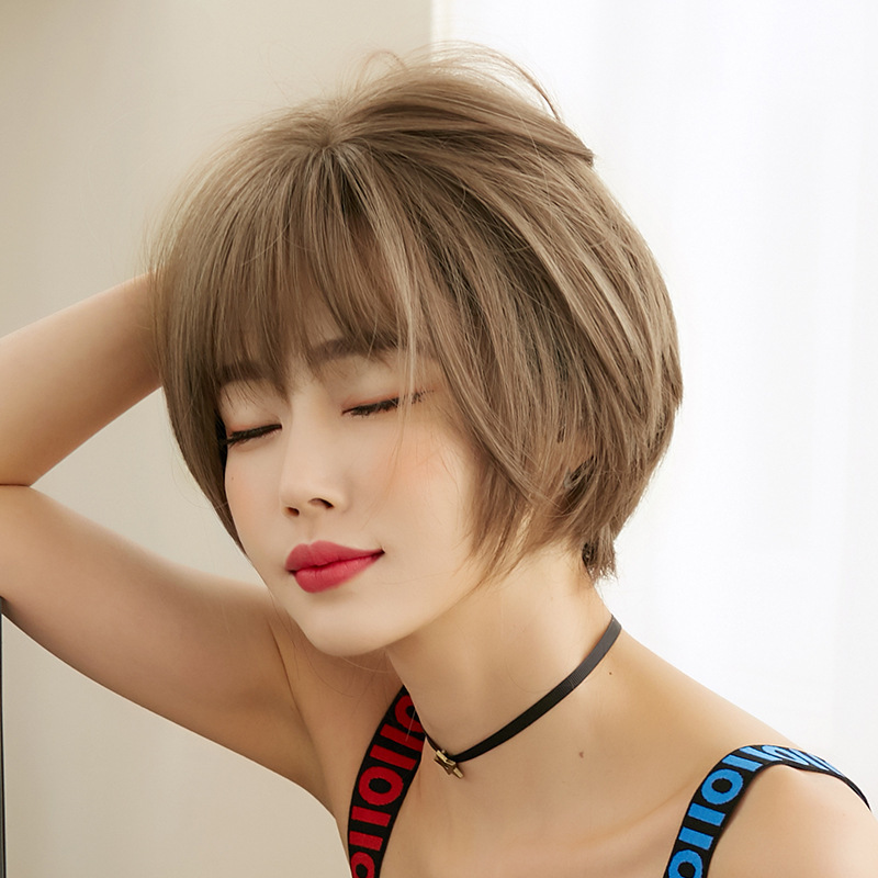 New Wig for Women with Short Hair, Internet Celebrity Bob, Round Face, Whole Headgear, Handsome Short Broken Hair, Elegant Bangs Hair Cover