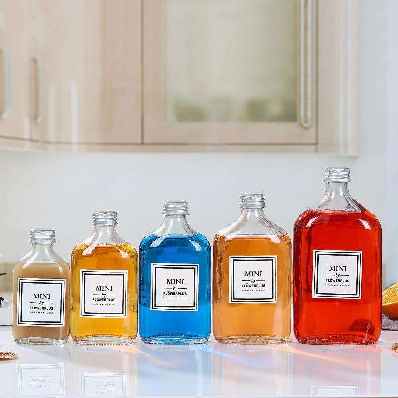 扁方饮料瓶奶茶瓶350ml500毫升果汁玻璃包装瓶50ml一斤空小白酒瓶