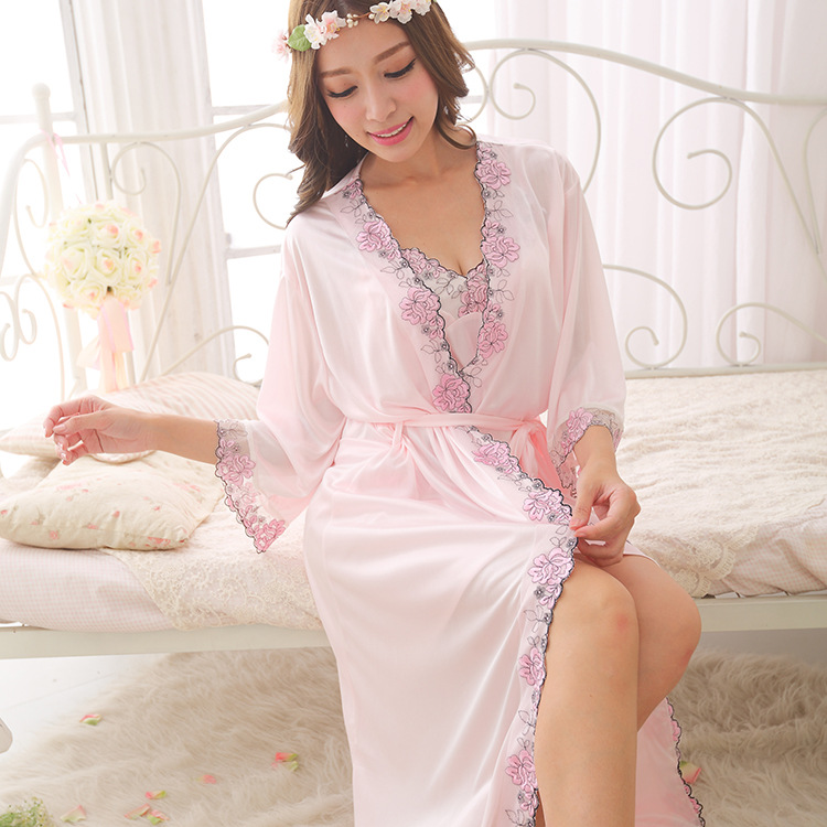 跨境电商爆款女士冰丝睡袍性感蕾丝开衫两件套长款吊带睡裙家居服