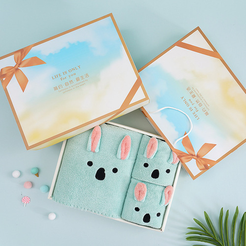 High-density coral velvet cartoon embroidered animal three-piece gift box with big-eyed rabbit ears shape bath towel gift set