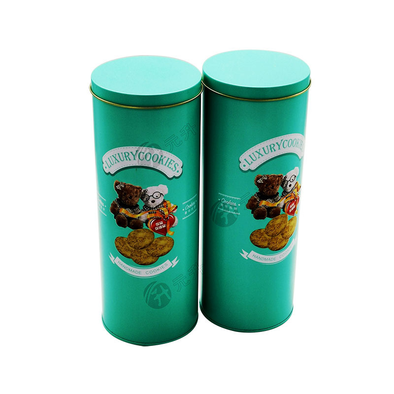 Cylinder Bear Biscuit Packaging Green Tinplate Box Wholesale Source Factory Cute Cartoon Metal Box Color Printing