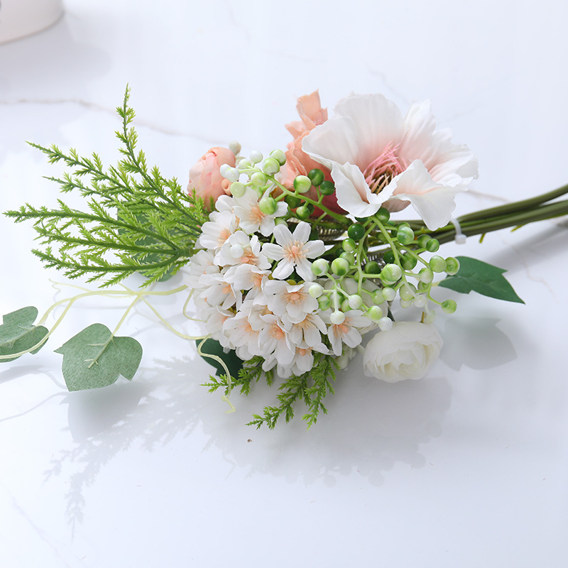 Arte de flores de ramo nórdico, decoración de escritorio para el hogar, hortensias, mezcla y combinación de flores falsas, plantas verdes, amapolas, decoración de flores artificiales