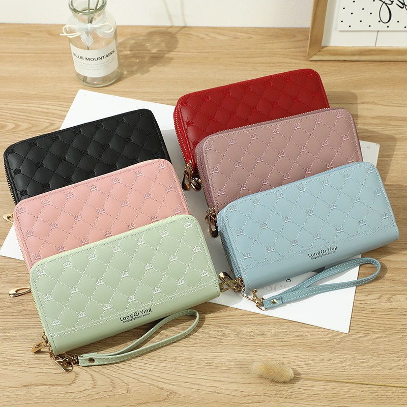 Cartera larga bordada con corona – Doble cremallera, gran capacidad, diseño elegante para mujer.