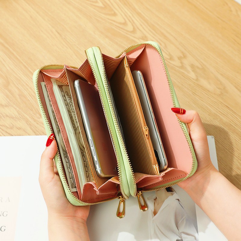 Cartera larga bordada con corona – Doble cremallera, gran capacidad, diseño elegante para mujer.