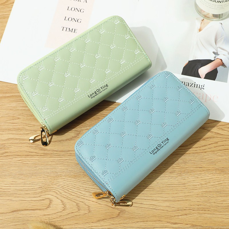 Cartera larga bordada con corona – Doble cremallera, gran capacidad, diseño elegante para mujer.