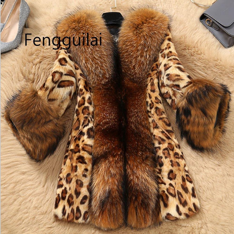 Cross-Border 2026 Autumn and Winter Fur Coat for Women, Mid-Length Leopard Print Faux Raccoon Fur Collar, Faux Fur Warm Coat, Light Luxury