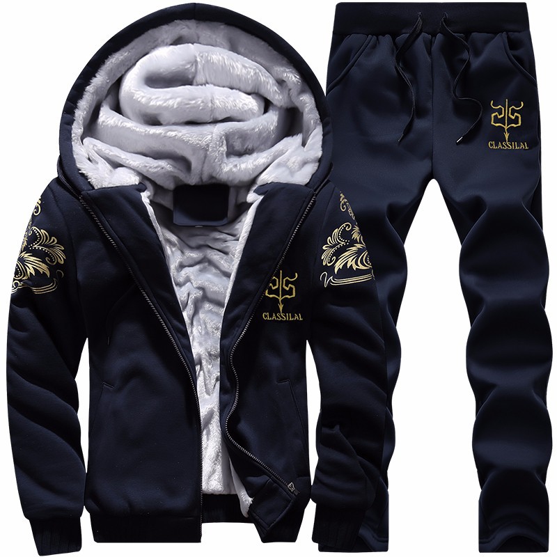 Traje casual transfronterizo para hombre, conjunto de dos piezas grueso con forro polar para invierno, chaqueta cálida con capucha de talla grande para hombre y pantalones largos de exportación.
