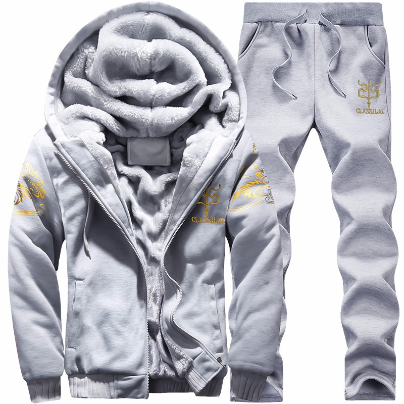 Traje casual transfronterizo para hombre, conjunto de dos piezas grueso con forro polar para invierno, chaqueta cálida con capucha de talla grande para hombre y pantalones largos de exportación.