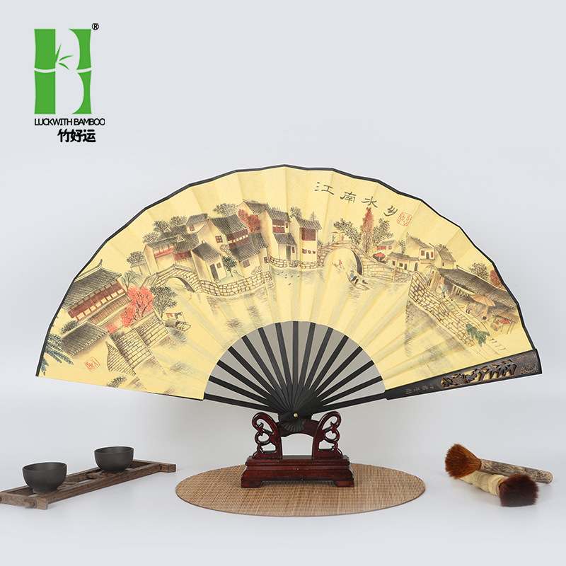 Cabeza verde molienda pulido transparente estilo antiguo plegable ventilador de 10 pulgadas ventilador de los Hombres estilo chino bambú ventilador antiguo estilo tallado logo