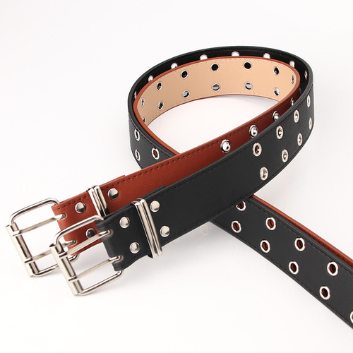 New personalized double exhaust eyelet women's belt, fashionable rivet decorative trouser belt, trendy wide belt for stall supply